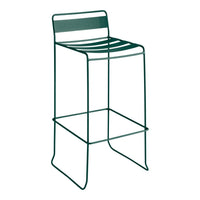 Green metal bar stool with sleek, horizontal slatted seat design and minimalist frame. Ideal for modern spaces.