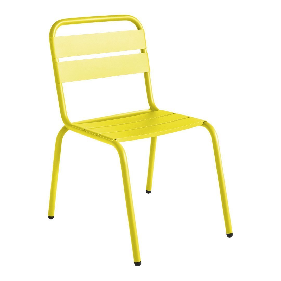 Bright yellow metal chair with sleek, horizontal slat back design and minimalistic legs. Perfect for modern decor.
