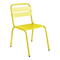 Bright yellow metal chair with sleek, horizontal slat back design and minimalistic legs. Perfect for modern decor.