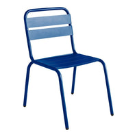 Blue metal chair with a sleek modern design and horizontal stripe pattern on the seat and backrest. Perfect for outdoor use.