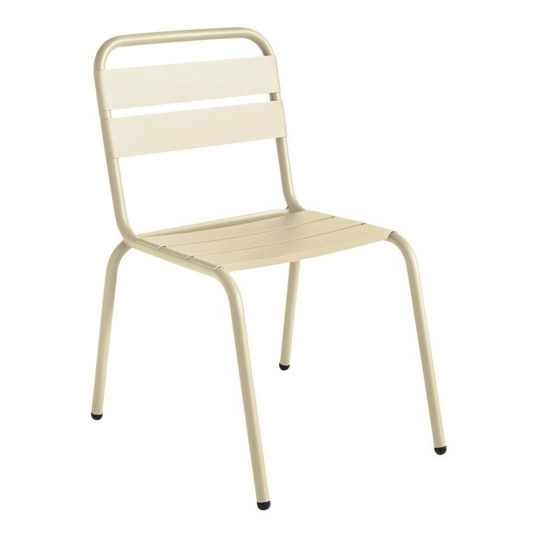 Light beige metal chair with a sleek, minimalist design featuring horizontal slatted backrest and seat.