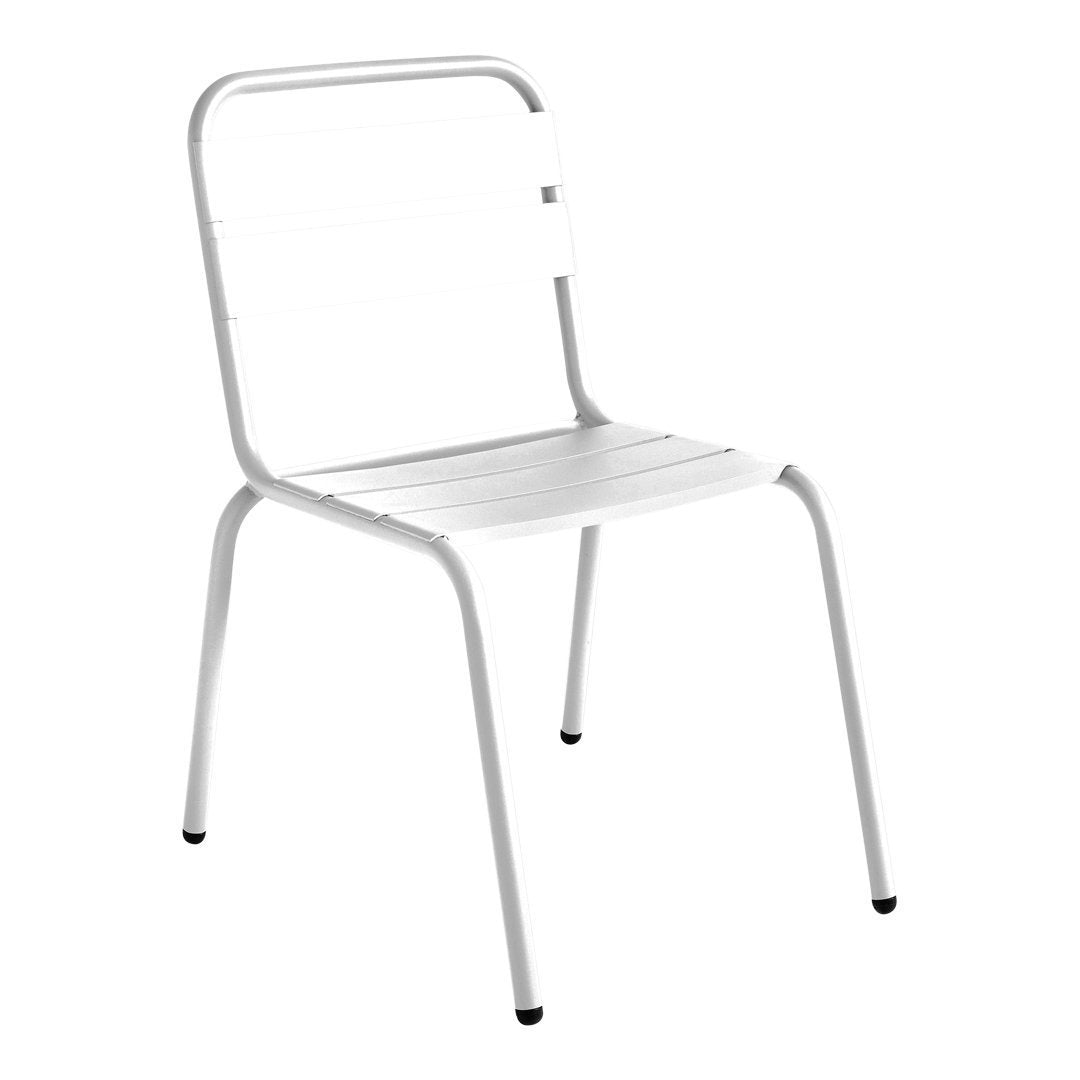 White metal chair with a minimalistic design and slatted seat, ideal for modern decor.