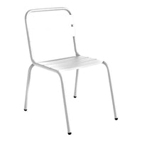 White metal chair with a minimalistic design and slatted seat, ideal for modern decor.