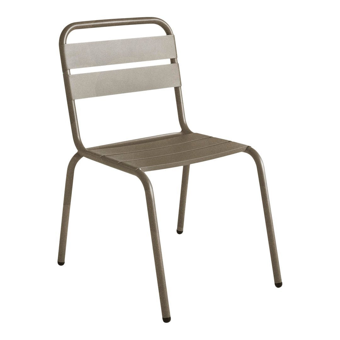 Metal chair in a sleek gray finish with horizontal slatted backrest and smooth seat design. Ideal for modern spaces.