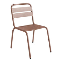 Brown metal chair with sleek lines and horizontal slats, perfect for modern decor. Ideal for indoor or outdoor use.