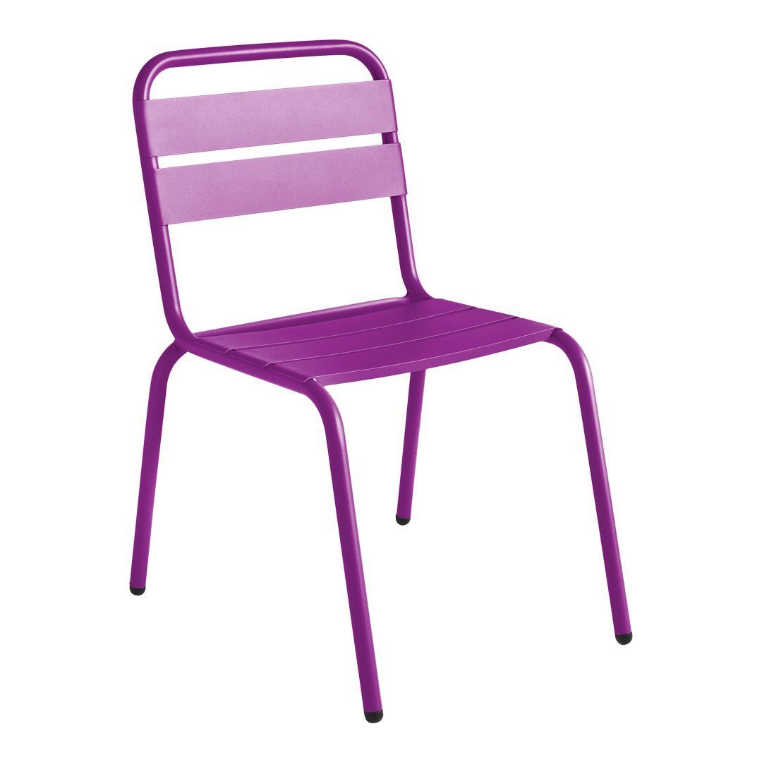 Stylish purple metal chair with sleek slatted back and seat design, ideal for modern decor.