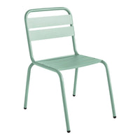 Mint green metal chair with simple slatted design, perfect for modern and outdoor settings.