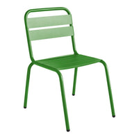 Green metal chair with slatted backrest and seat, featuring a sleek modern design. Perfect for outdoor or indoor use.
