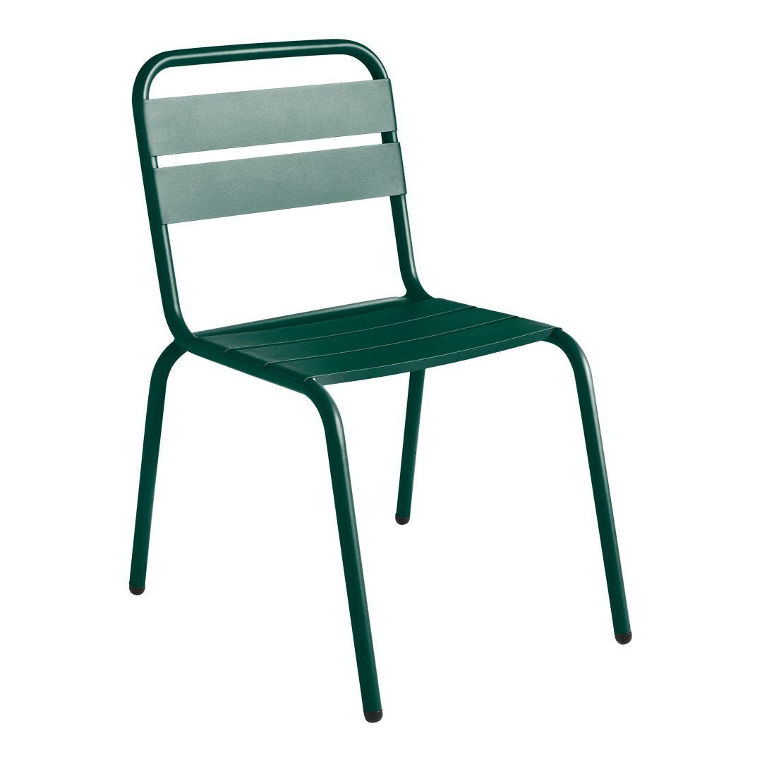 Green metal chair with sleek lines and minimalist design, featuring a slatted seat and backrest pattern.