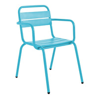 Vibrant turquoise metal chair with sleek slatted design, perfect for modern outdoor or indoor decor.