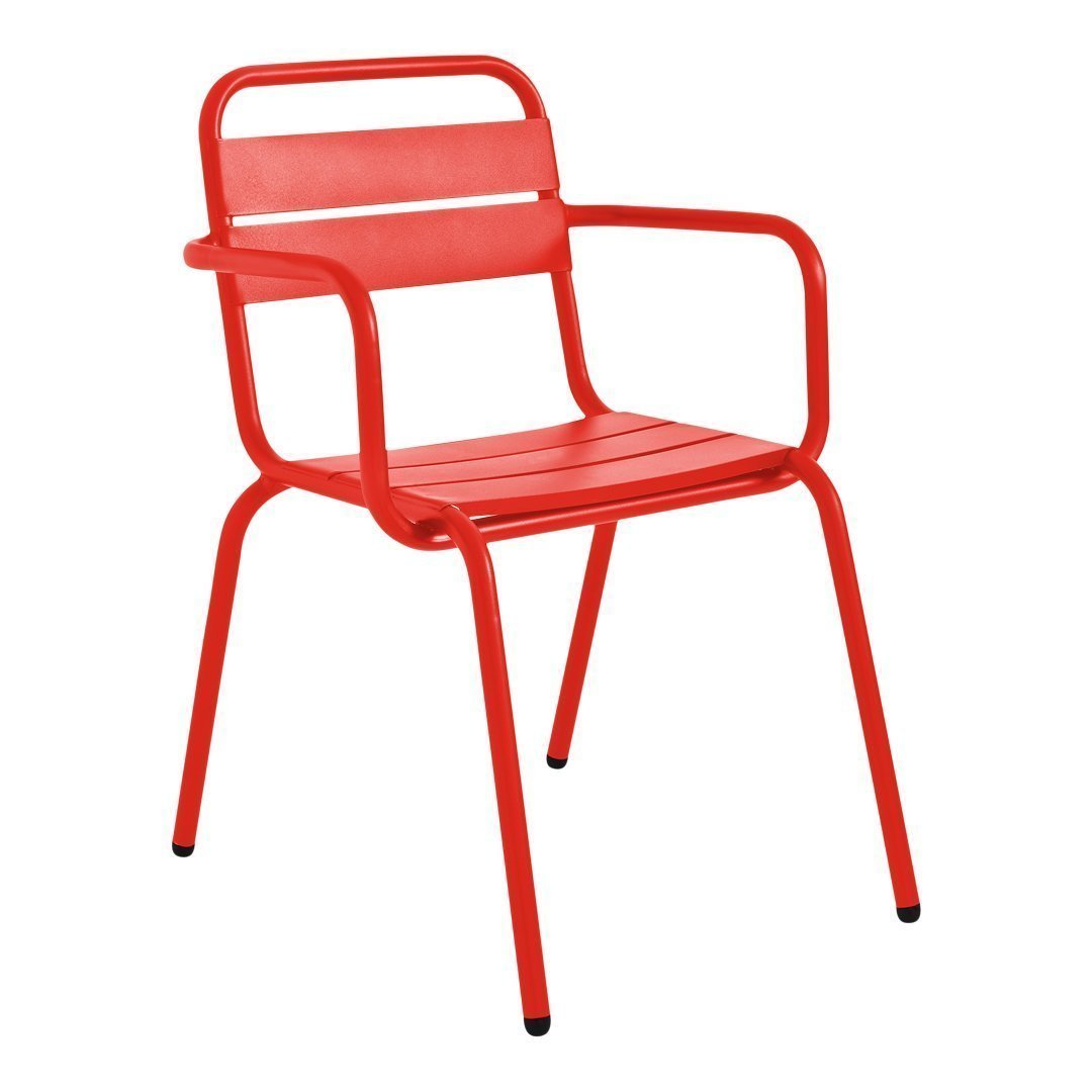 Bright red modern chair with sleek lines and a minimalist design, perfect for vibrant indoor or outdoor spaces.
