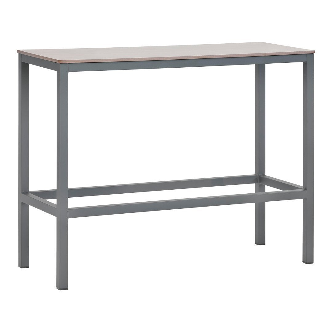 Gray metal frame with a natural wood finish tabletop, perfect for a modern or industrial look.