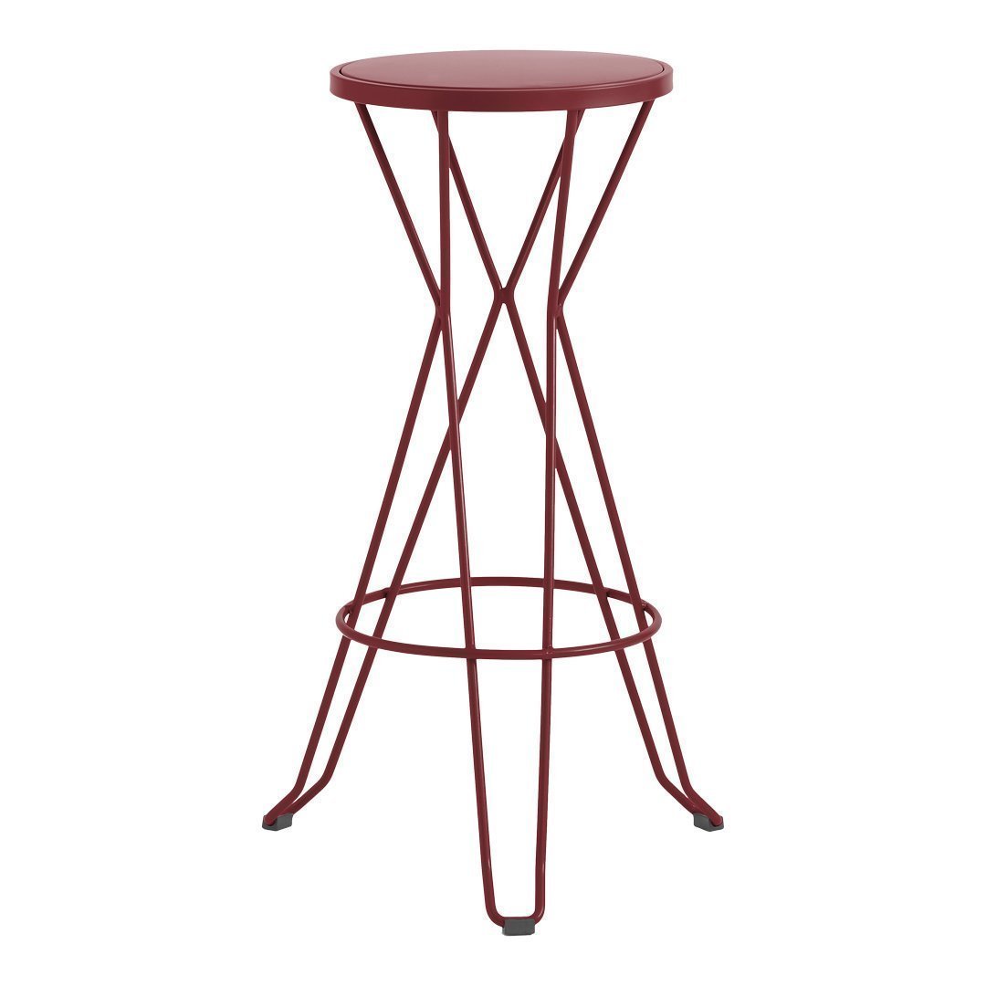 Red metal bar stool with a round top and geometric wireframe design, showcasing modern style and bold color.