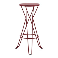 Red metal bar stool with a round top and geometric wireframe design, showcasing modern style and bold color.