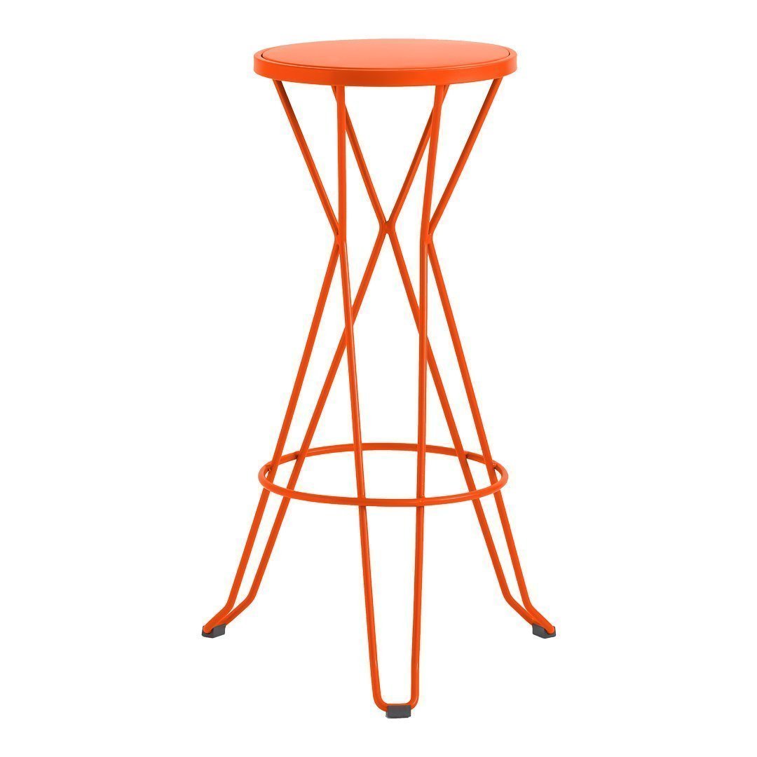 Bright orange bar stool with a sleek, geometric wireframe design. Ideal for modern decor.