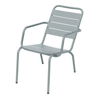 Light gray metal chair with a sleek, minimalist design and horizontal slat pattern for modern outdoor decor.