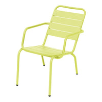 Bright lime green metal chair with horizontal slats and armrests, perfect for outdoor or indoor use.