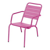 Bright pink metal armchair with a sleek, slatted design, perfect for outdoor or indoor use.