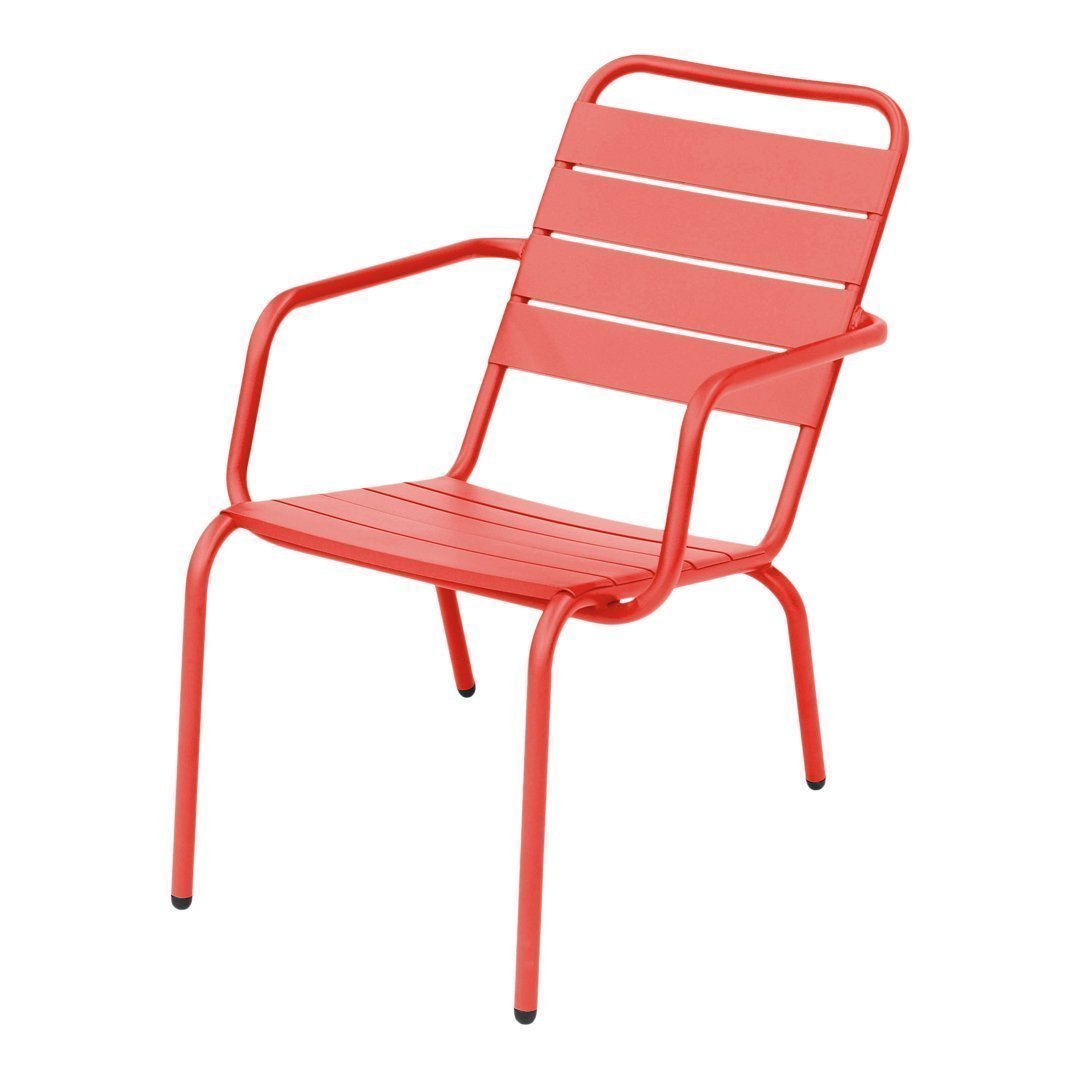Bright red outdoor chair with slatted metal design for a modern, colorful look. Perfect for patios or gardens.