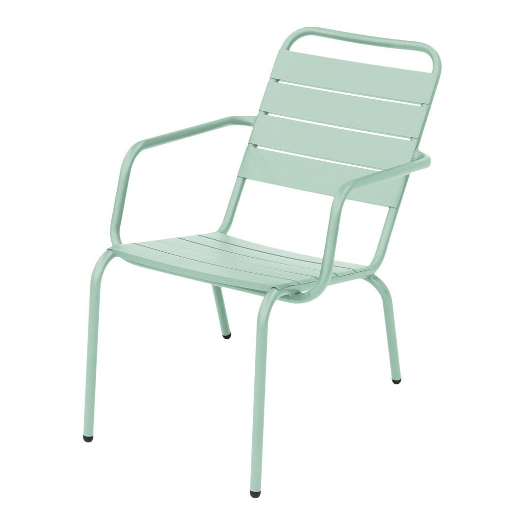Mint green metal chair with a slatted design, perfect for outdoor seating.