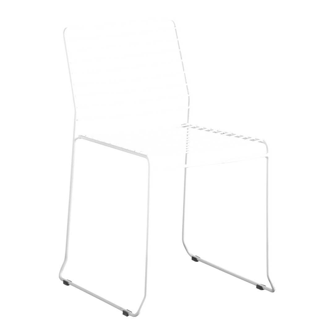 Sleek white wire chair with minimalist design, featuring clean lines and a modern aesthetic. Ideal for contemporary spaces.