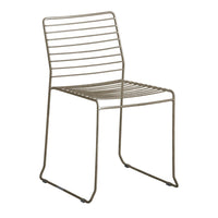 Slim metal chair featuring a sleek, modern design with horizontal stripes in a muted bronze hue. Perfect for minimalist spaces.