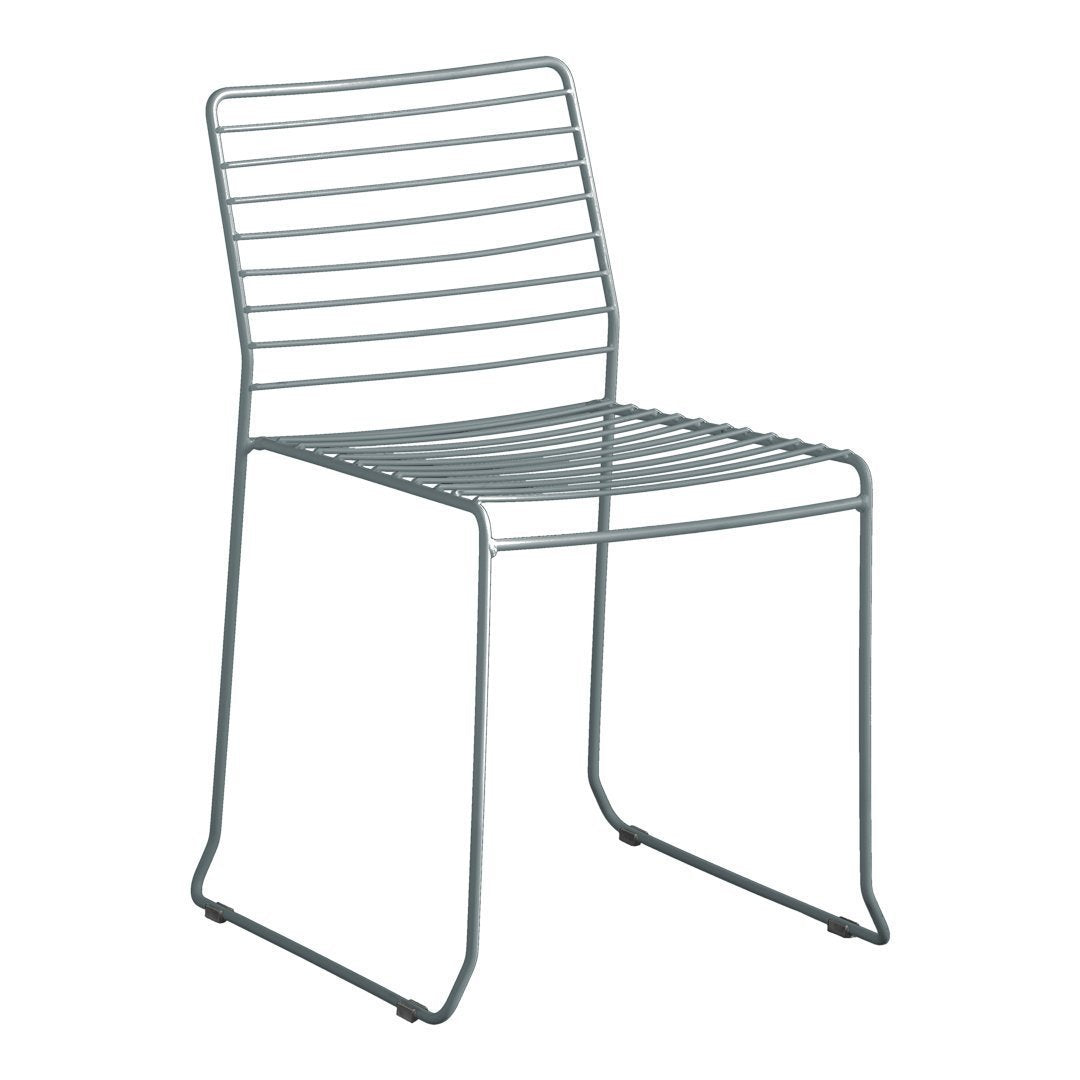 Gray striped metal chair with a sleek, minimalist design and open pattern for modern decor.
