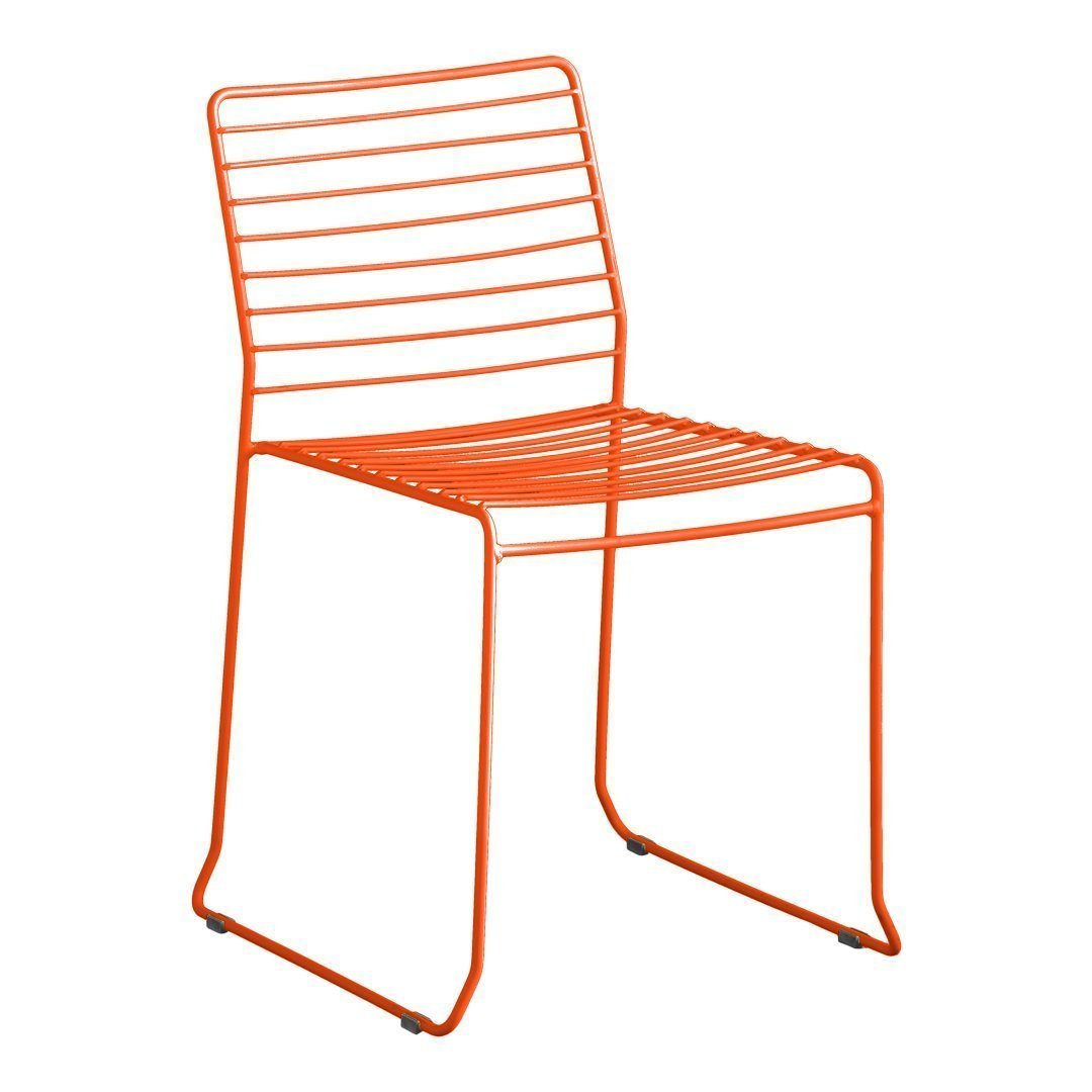 Bright orange slatted metal chair with a modern design, perfect for stylish indoor or outdoor seating.