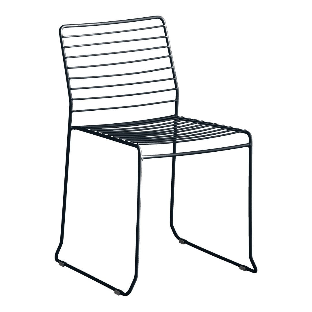 Black metal chair with sleek, horizontal striped pattern, perfect for modern decor.