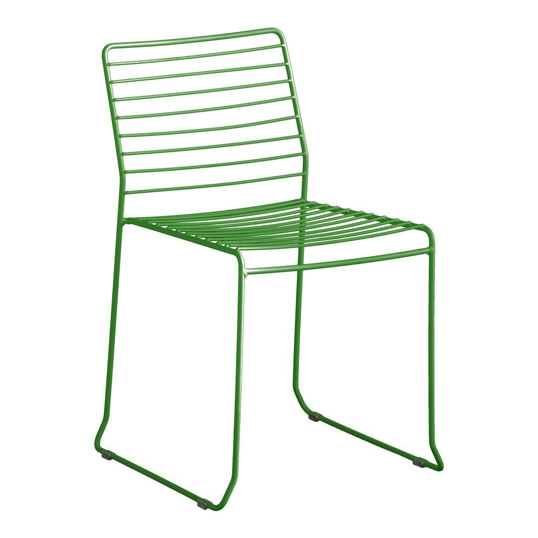 Green wire chair with a sleek, modern design featuring horizontal stripes and a minimalist aesthetic.