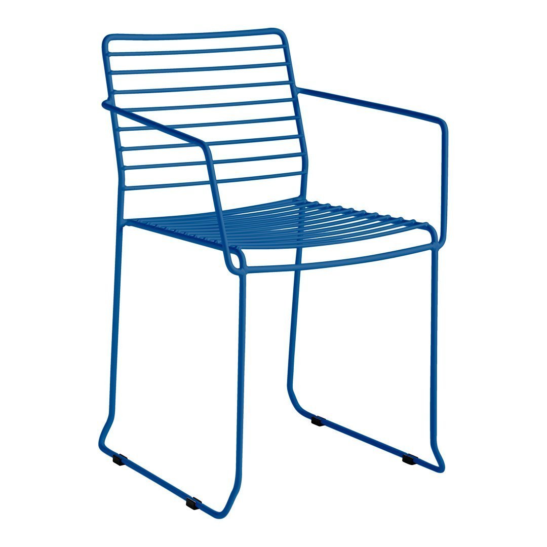 Blue striped metal chair with sleek armrests and a modern design, perfect for outdoor and indoor settings.