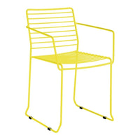 Bright yellow wire chair with a modern striped design, featuring an open-back and armrest for stylish seating.