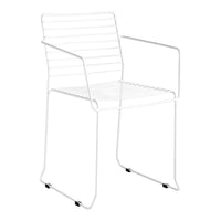 White metal chair with a sleek, minimalist design featuring horizontal wire lines. Ideal for modern decor.