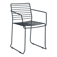 Black striped metal chair with a modern design and sleek lines, perfect for contemporary outdoor decor.
