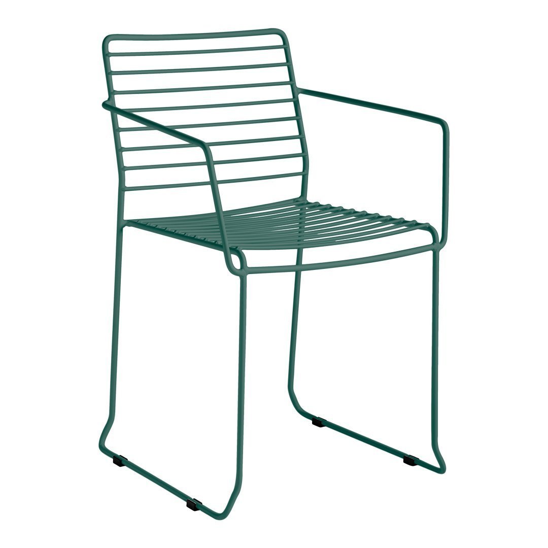 Green metal chair with sleek, horizontal stripes and minimalist design, perfect for modern outdoor spaces.