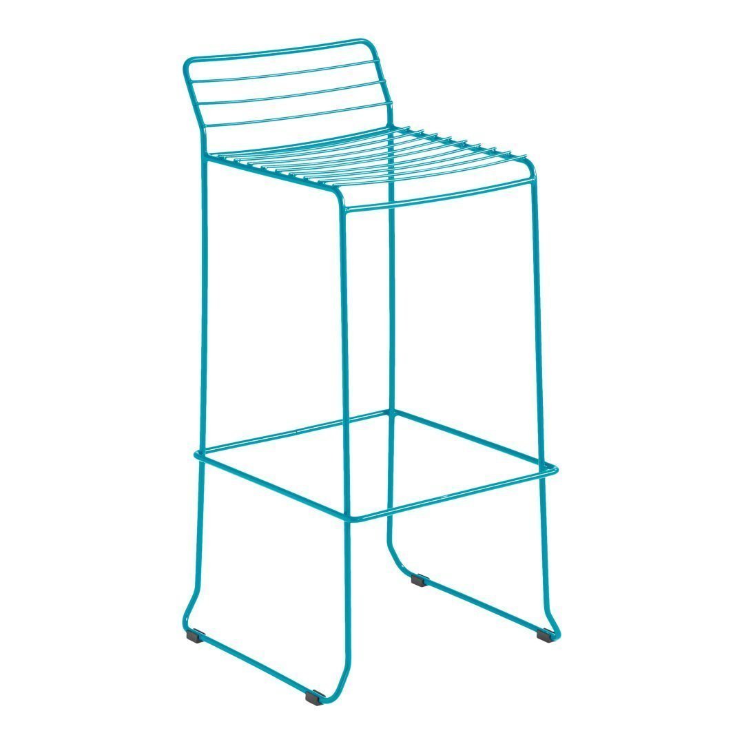 Turquoise metal bar stool with sleek horizontal slat pattern, modern design, suitable for indoor and outdoor use.