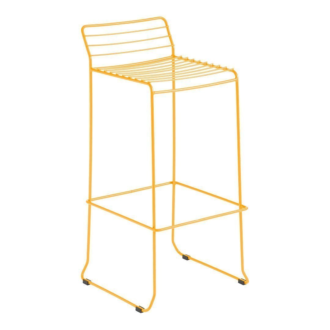 Yellow metal bar stool with sleek, modern lines and a minimalist design. Ideal for contemporary spaces.