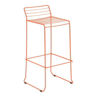 Bright orange bar stool with sleek, modern lines and a minimalist design, featuring striped seat pattern.