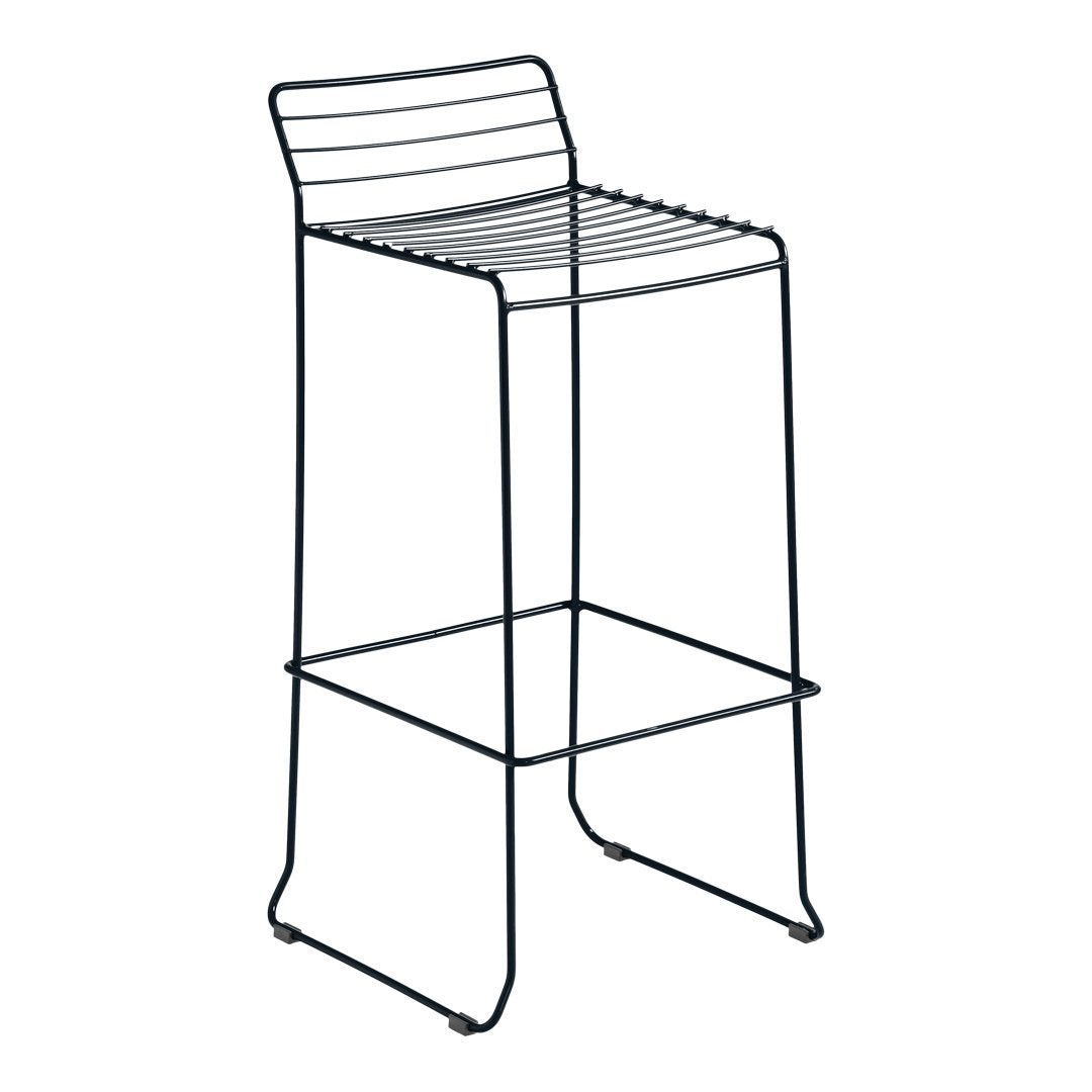 Black metal bar stool with sleek, horizontal line pattern and minimalist design. Perfect for modern spaces.