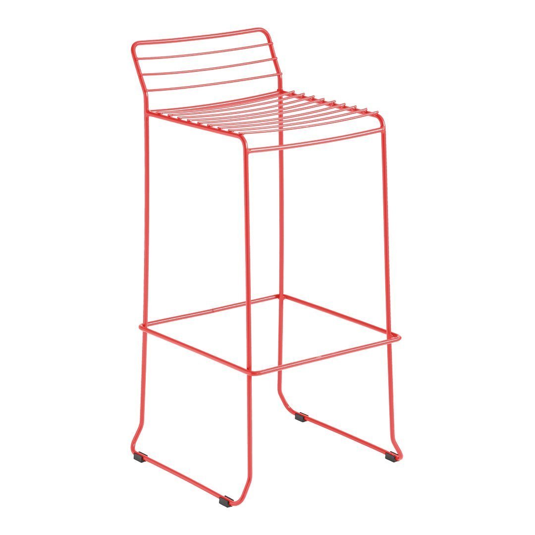 Red metal bar stool with a sleek striped pattern and modern design. Perfect for contemporary spaces.