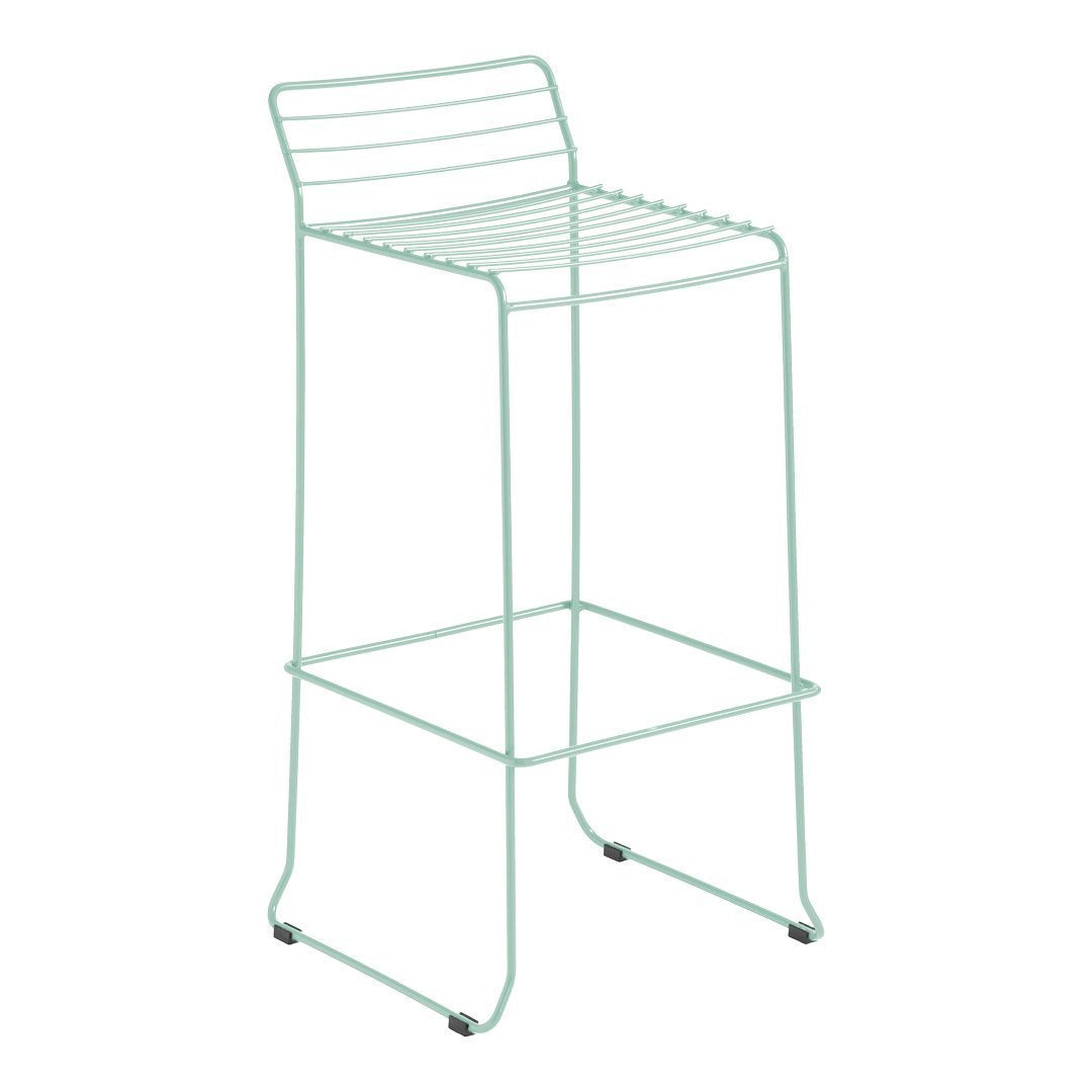 Light mint green bar stool with minimalist wire design and horizontal slat pattern. Perfect for modern decor.