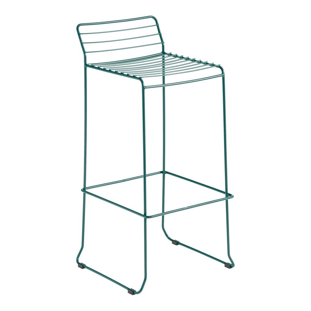 Teal metal bar stool with sleek horizontal slats and minimalist design. Perfect for modern decor.