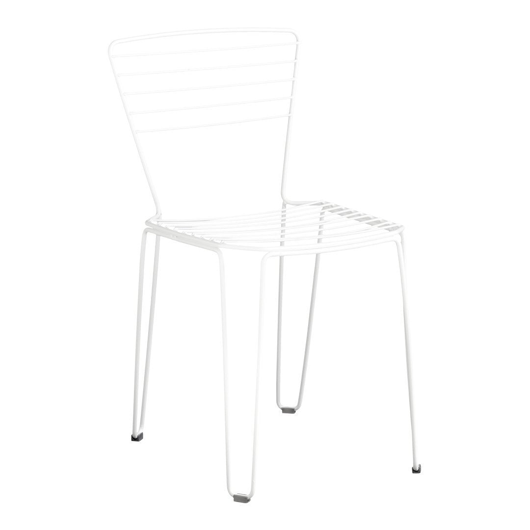 White metal chair with a sleek, minimalist design featuring horizontal slats and slender legs. Ideal for modern decor.