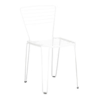 White metal chair with a sleek, minimalist design featuring horizontal slats and slender legs. Ideal for modern decor.