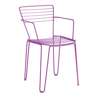 Vibrant purple metal chair with a sleek striped design, perfect for modern outdoor decor.