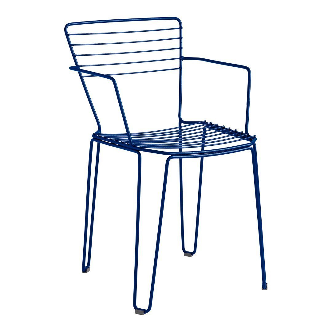 Blue metal chair with a modern striped pattern, featuring sleek lines and a minimalistic design. Perfect for outdoor use.