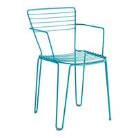 Teal metal chair with a sleek, minimalist striped design and sturdy legs, perfect for modern outdoor decor.