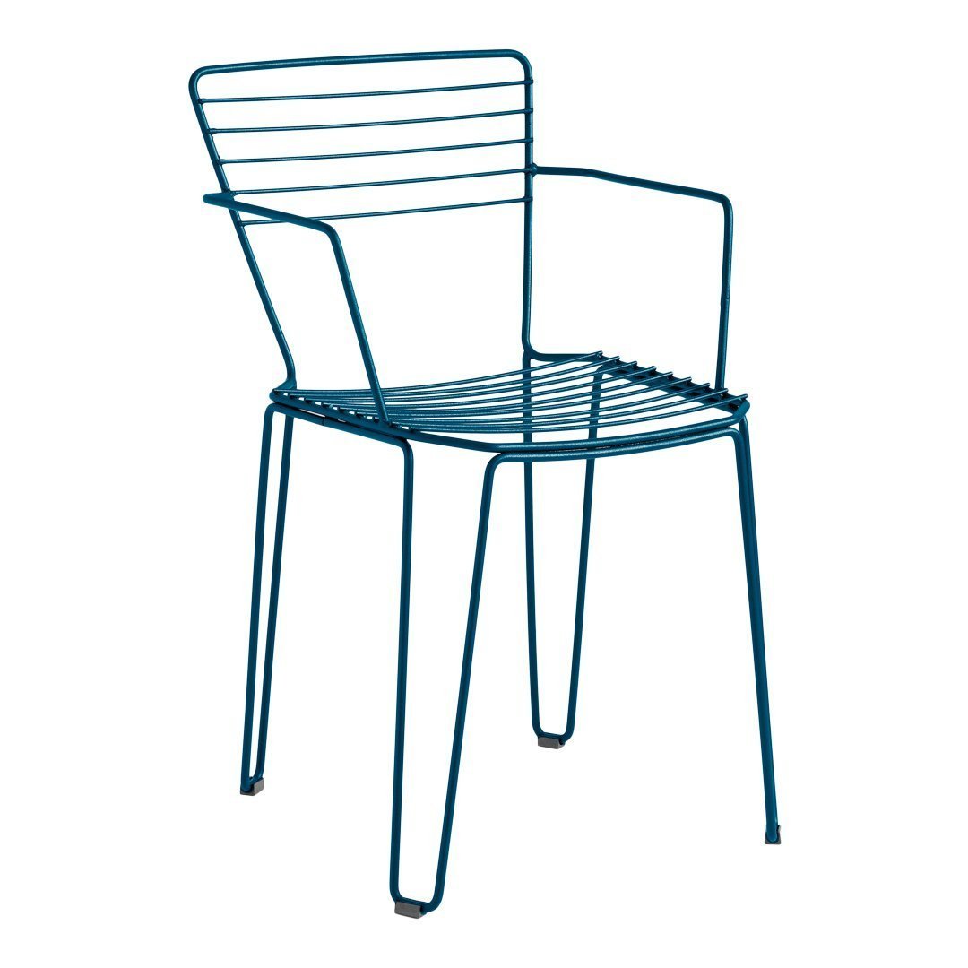 Blue metallic chair with sleek lines and open slat design, perfect for modern outdoor or indoor settings.