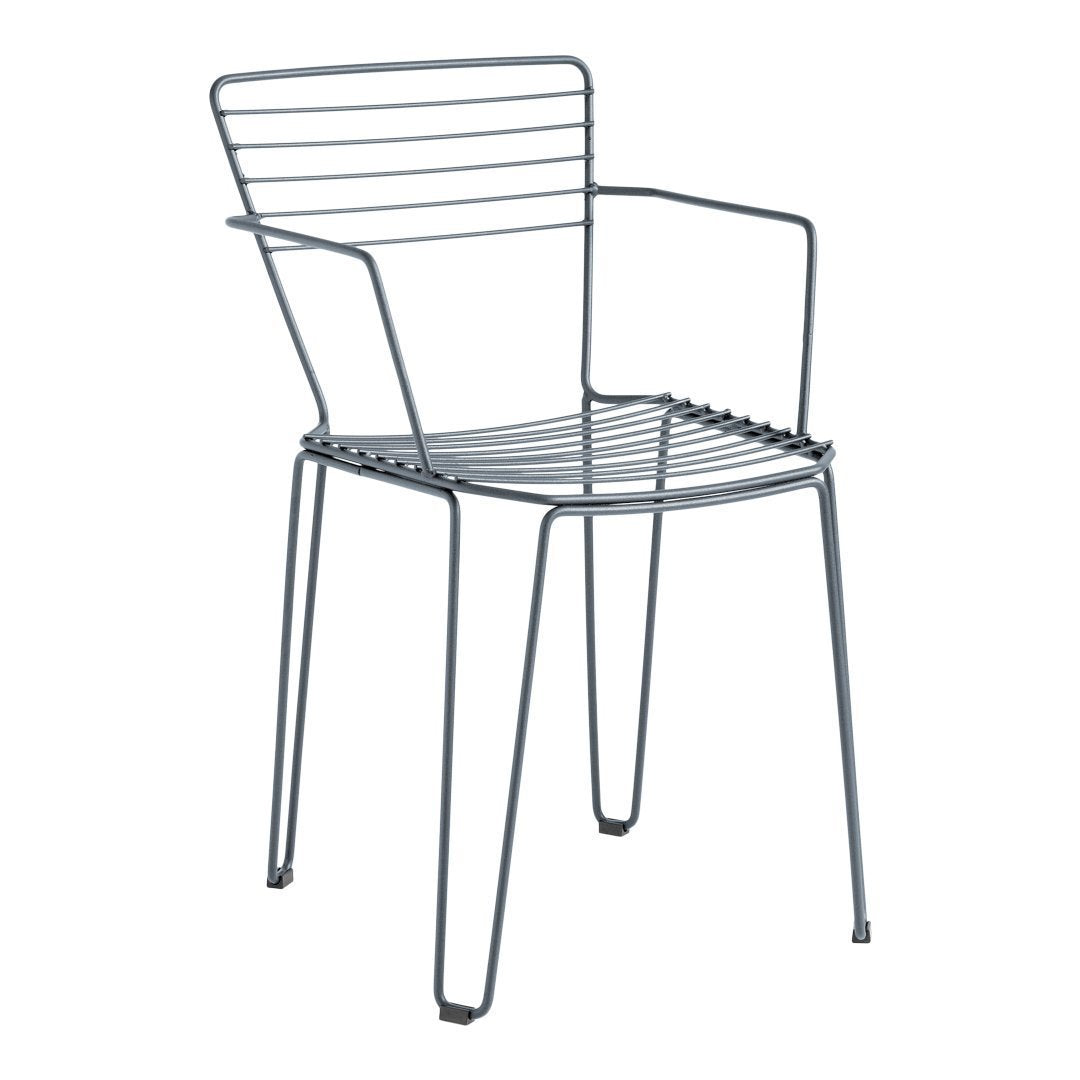 Modern gray wire chair with a minimalist striped pattern and sleek design. Perfect for outdoor or indoor use.