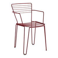 Red metal chair with sleek, linear design and open back slats. Perfect for modern outdoor and indoor settings.